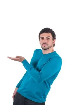 Guy in blue pointing to somewhere Stock Photos