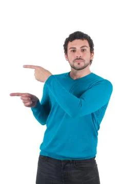 Guy in blue pointing to somewhere Stock Photos