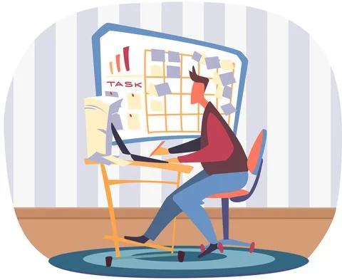 Guy with board with tasks. Man is working with computer at home. Freelancer Stock Illustration