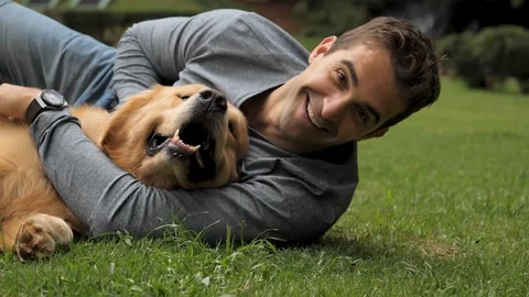 Guy bonding with dog Stock Footage 93933462