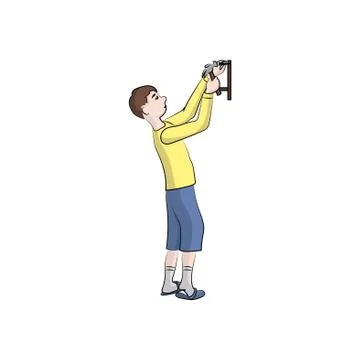 A guy, boy (man) hammering the shelf with a hammer. Vector color illustration. Stock Illustration