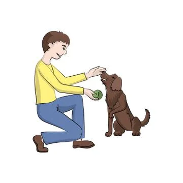 The guy, boy (man) plays with the dog. Vector color illustration. Stock Illustration