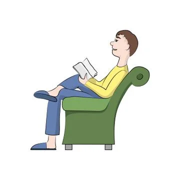 The guy, boy (man) is reading a book in the chair. Vector color illustration. Stock Illustration