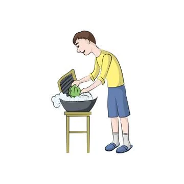 The guy, boy (man) washes clothes. Vector color illustration. Stock Illustration