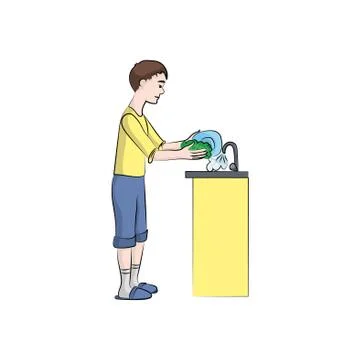 The guy, boy (man) washes the dishes. Vector color illustration. Stock Illustration