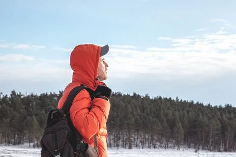 A guy with a briefcase on the background of a pine forest in winter Stock Photos