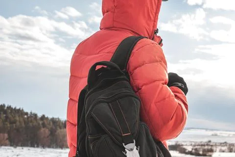 A guy with a briefcase on the background of a pine forest in winter Stock Photos