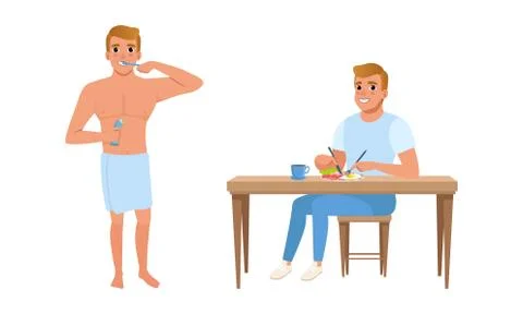 Guy Brushing Teeth and Having Breakfast Set, Young Man Activity and Daily Stock Illustration
