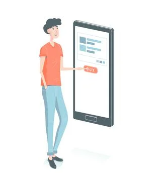 Guy buy through the Mobile Phone Press the button. Stock Illustration