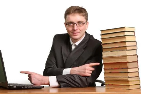 Guy can not determine the choice where to get information from a laptop or pa Stock Photos