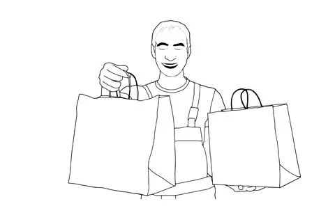 The guy in the cap courier with boxes. One line drawing isolated object by hand Stock Illustration