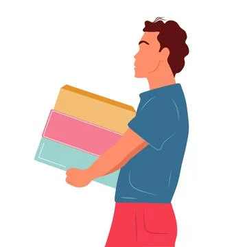 The guy carries boxes, a gift. Delivery of parcels day and night. Vector flat Stock Illustration