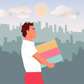 The guy carries boxes, a gift. Delivery of parcels day and night. Vector flat Stock Illustration