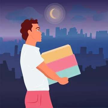The guy carries boxes, a gift. Delivery of parcels day and night. Vector flat Illustrazione stock
