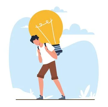 Guy carries heavy light bulb idea as symbol of burden of creative solutions. Art Stock Illustration