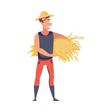 Guy Carrying Stack Of Hay Primitive Geometric Cartoon Style Flat Vector Desig Stock Illustration
