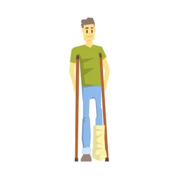 Guy With Cast On Leg With Crouches, Young Person With Disability Overcoming The Stock Illustration