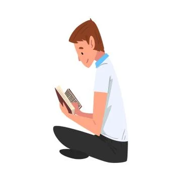 Guy in Casual Clothes Reading Book, Male Student Sitting on Lawn, Side View 스톡 일러스트