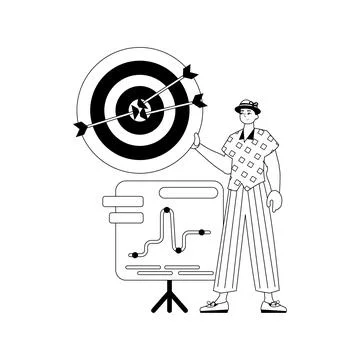 The guy with the chart . The arrow hits the prey . black and White linear s.. Stock Illustration