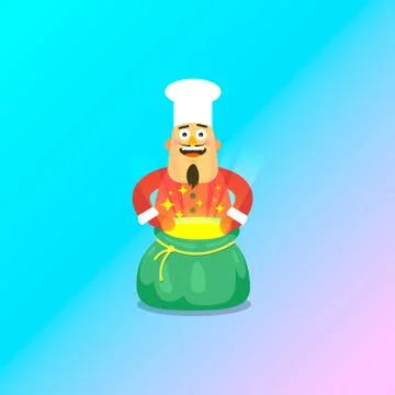 Guy in chef hat wearing christmas outfit with open shining magic bag Stock Illustration