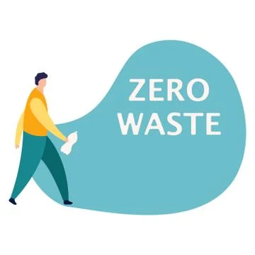 Guy cleans garbage. Man throw empty bottle into package. Boy takes care of Illustrazione stock