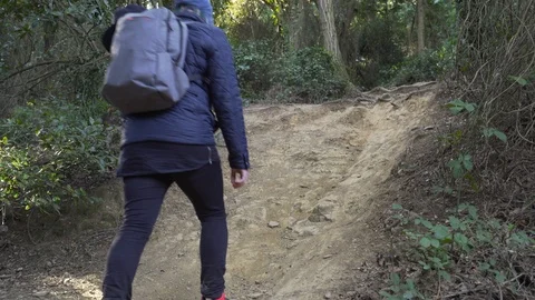 The guy climbs up the steep narrow rocky road in forest Stock Footage 101269953