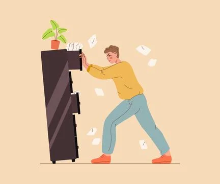 Guy closes cabinet filled with papers and documents, and experiences Stock Illustration