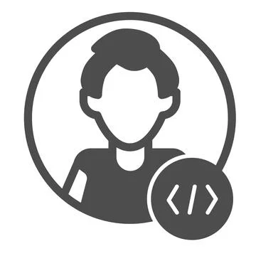 Guy coder with a code tag, avatar of programmer, developer solid icon, ui Stock Illustration