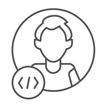 Guy coder with a code tag, avatar of programmer, developer thin line icon, ui イラスト素材