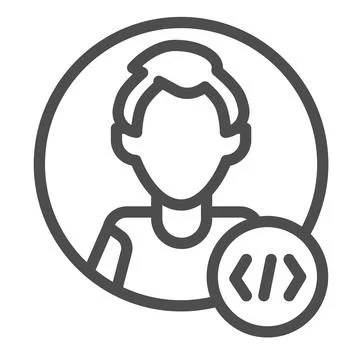 Guy coder with a code tag, avatar of programmer, developer line icon, ui concept イラスト素材