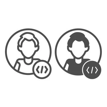 Guy coder with a code tag, avatar of programmer, developer line and solid icon Stock Illustration