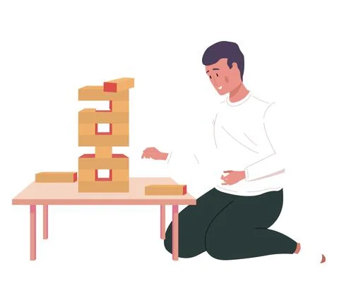 Guy collects bricks stacked in high wooden tower. Man is playing jenga, board Stock Illustration