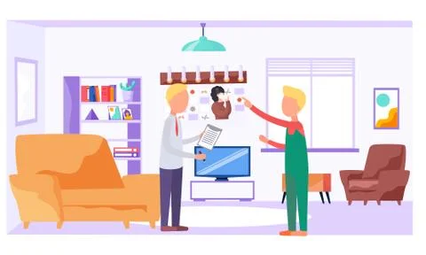 Guy communicates with the builder. Man planning repairs during quarantine Illustrazione stock