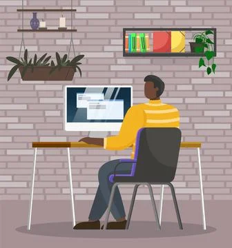 Guy with computer sitting at table at home or office workplace. Man using Stock Illustration