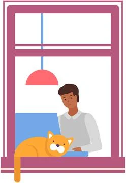Guy with computer sitting at table at home or office workplace, view from opened 스톡 일러스트