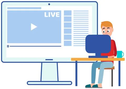 Guy with computer turns on video player to view lesson. Man watching broadcast Stock Illustration