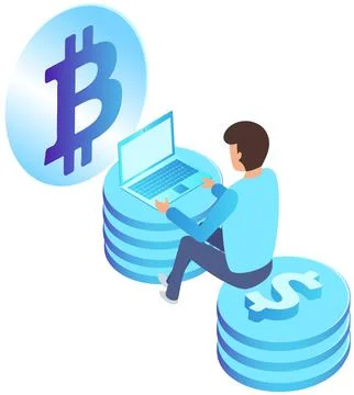 Guy with computer works in cryptocurrency. Man using exchange and mining program Stock-Illustration