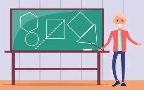 Guy conducts geometry lesson at school. Teacher man showing geometric figures at イラスト素材