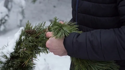 The guy connects the conifer decor. Close-up Stock Footage 83939959