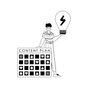 Guy , content plan and light light bulb . subject of social network . black.. Illustrazione stock