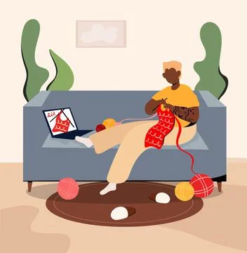The guy on the couch knits with a video lesson Stock Illustration