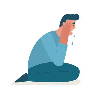 Guy crying and sobbing. Sad tired man suffers of depressive disorder, paranoia Stock Illustration