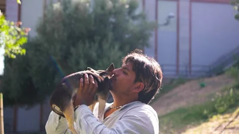 Guy cuddling and throwing in air his Chihuahua pet in park.MOV 스톡 동영상 287740346