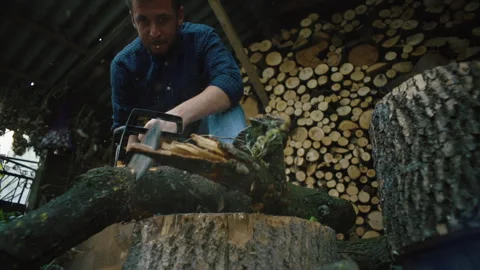 Guy cuts a tree with a chainsaw at home in the yard Stock Footage 250750302