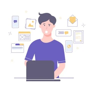 Guy in deadline state is working on a laptop イラスト素材