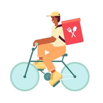 Guy delivering prepared meals in backpack on bicycle colorful vector character 스톡 일러스트