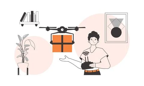 The guy delivers the package by drone. Air delivery concept. Linear modern .. Stock Illustration