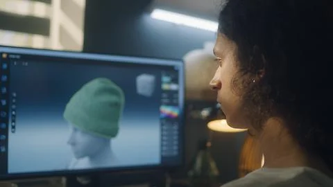 Guy designing clothes in 3D modeling software Foto stock