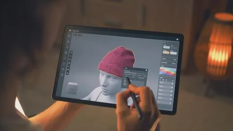 Guy designing clothes in app on tablet 写真素材