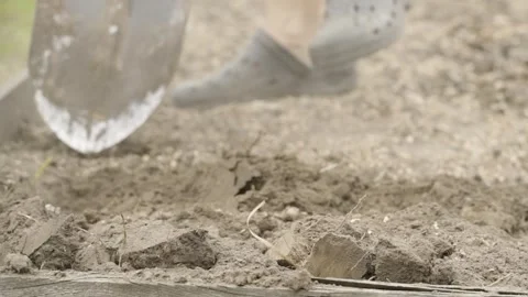 A guy is digging a garden bed with a shovel, close-up in slow motion Stock Footage 315033535